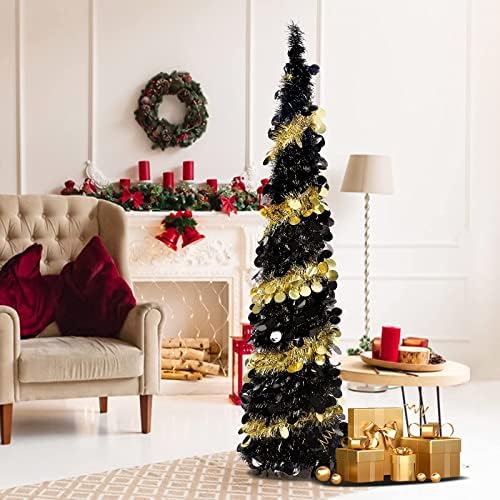 N&T Nieting Ноќта на вештерките Тинсел дрво, 5ft спаѓаат во вештачко дрво големо дрво со молив за камини за домашна канцеларија Божиќ украси, црни и златни