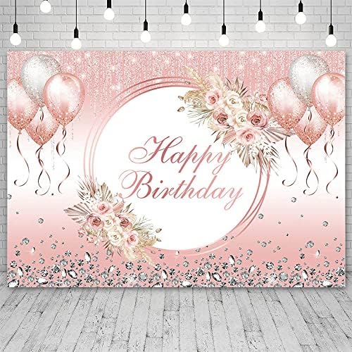 Aibiin 7x5ft boho среќен роденден позадина за девојчиња розови балони сјај, испуштајќи кристална фотогарфија позадина роденденска