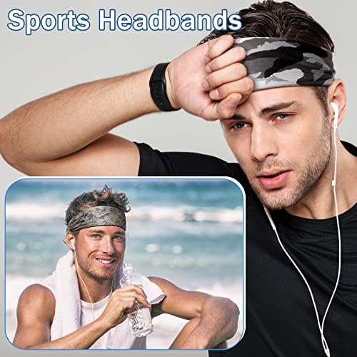 Затемнувања за мажи за вежбање спортски ленти за глава за мажи со камо глава, апсорбирајќи ја лентата за глава широко џемпери