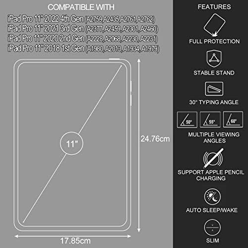 Zinibri за iPad Pro 11 Inch Cover Cover 4 -та 3 -та 1 -та 1 -та генерација, iPad Pro 11 2022 2021 2020 2018 Case со држач за