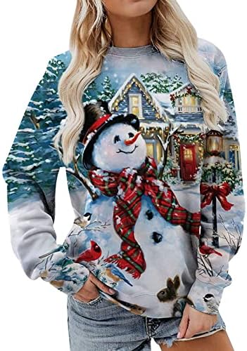 Симпатична џемпер од снежен човек за жени лабав фитинг за празник пулвер врвови Забава за долги ракави графички маички за џвакање