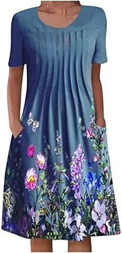 Флорален фустан за печатење за жени 2023 лето боемски кратки ракави плажа фустани обични лабави плетено колено должина на тунично