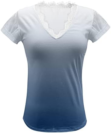 Womenените обични врвни летни V вратот од чипка чипка крпеница блуза со кратки ракави врвен градиент печатена маица црна t