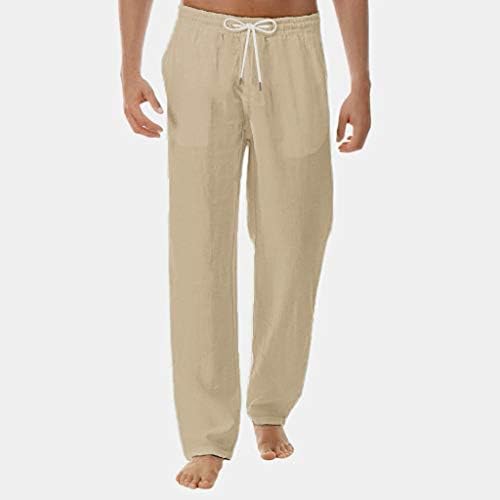Машка машка постелнина памук лабава лабава вклопена случајна лесна еластична половината лето панталони со цврсти обични панталони