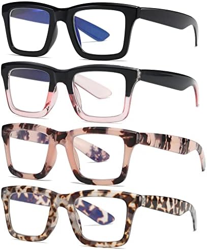 Zxyoo 4 пакуваат очила за читање во стил на опра за жени мажи сини светло блокирање компјутерски квадратни метални читатели