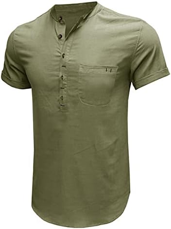 Менс летен краток ракав Хенли кошули Обичен памучен постелнина маица лесен штанд со јака копче V вратот врвови