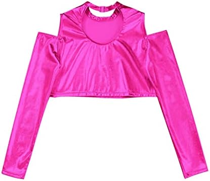 Haајој девојки turtleneck сјајна металик долг ракав танцувачки врвен спортски гимнастика маица модерна џез хип хоп сценска претстава жешка розова боја 8 години
