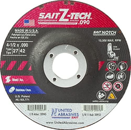 Обединети абразиви SAIT 20943 4-1/2x.090x7/8 z-tech високи перформанси за намалување на тркалата, 25 пакувања
