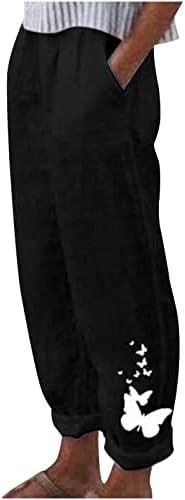 Женски обични постелнини панталони лабави вклопени цветни печати празници за панталони широки нозе еластично половината Бохо