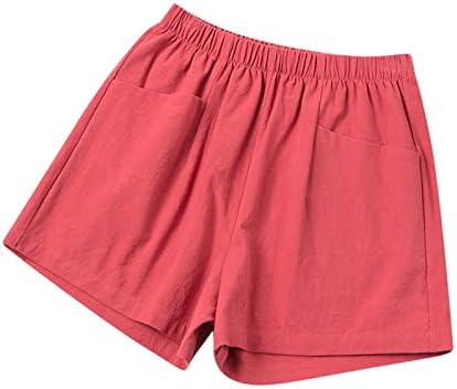 Womenените летни постелнина шорцеви еластична висока половината цврста боја Бермуда шорцеви случајни широки нозе фитнес хеланки