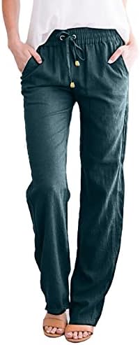 Памучни постелнини панталони за жени, влечење еластична висока половината лето јога палацо панталони удобни модни панталони