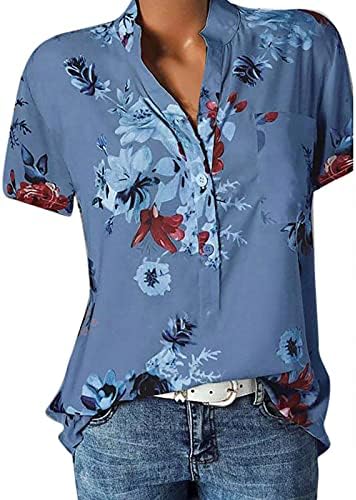 Четврти јули блузи За Жени Облека Копче Со Кратки Ракави V Врат Графички Блузи Кошули 2023 Обични Хавајски Маици