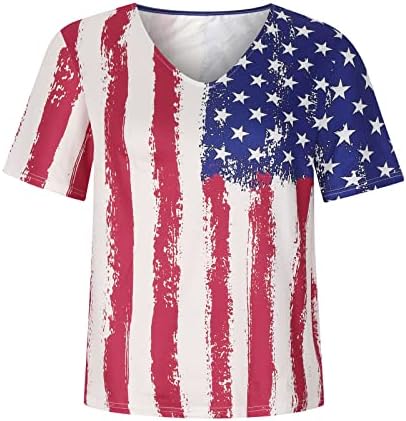 Женски длабоки v вратот Спандекс маица салон на врвови маички со кратки ракави во боја на американско знаме маица UC
