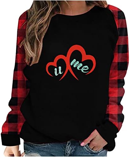 Loveубовни графички врвови на срцето за жени, женска мода крпеница симпатична биволска карирана долга ракав Туника пуловер врвови