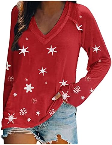 Женски долги ракави пулвер секси маици со вратот на вратот Божиќни снегулки печати обични врвови на туники за хеланки паѓаат