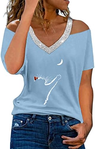 Blusesенски маици блузи против вратот краток ракав од рамото на рамото, обична кошула за печатење на сончоглед
