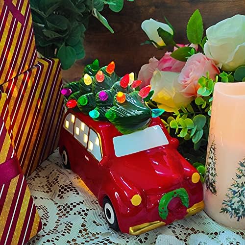 Сончев Глајд Керамичка елка и гроздобер автомобил Божиќна таблета декорација Носталгична осветлена керамичка новогодишна елка