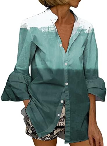 Womenените фустани обични кошули со седми ракави блузи, преклопуваат манжетна против вратот Бохо врвови 3/4 должина на ракавите
