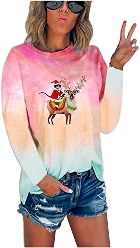 Fandream женски долги ракави врвови вратоврска обоена весела Божиќна маичка лажичка вратот лабава зимски кошули за жени