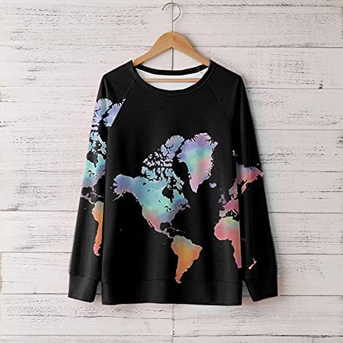 Маици за жени Светски мапи за печатење кошули жени со екипаж на долги ракави, лесни блузи со лесни блузи