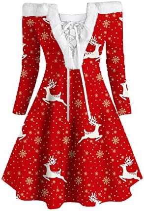 Бадхуб Божиќ_дрес Жени Секојдневен Божиќен Принт Фустан Со Долг Ракав Надвор Од Рамото Колено За Мини Фустан За Забави