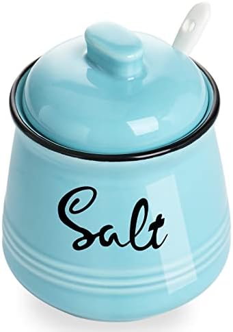 Haotop Farmhouse Porcelain Salt Bowl со капак и лажица 12oz, лесен за чистење